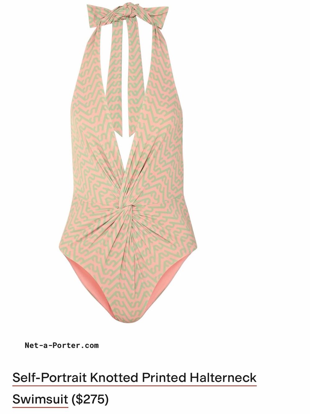 Self-Portrait Knotted Halterneck Swimsuit in Coral and Mint